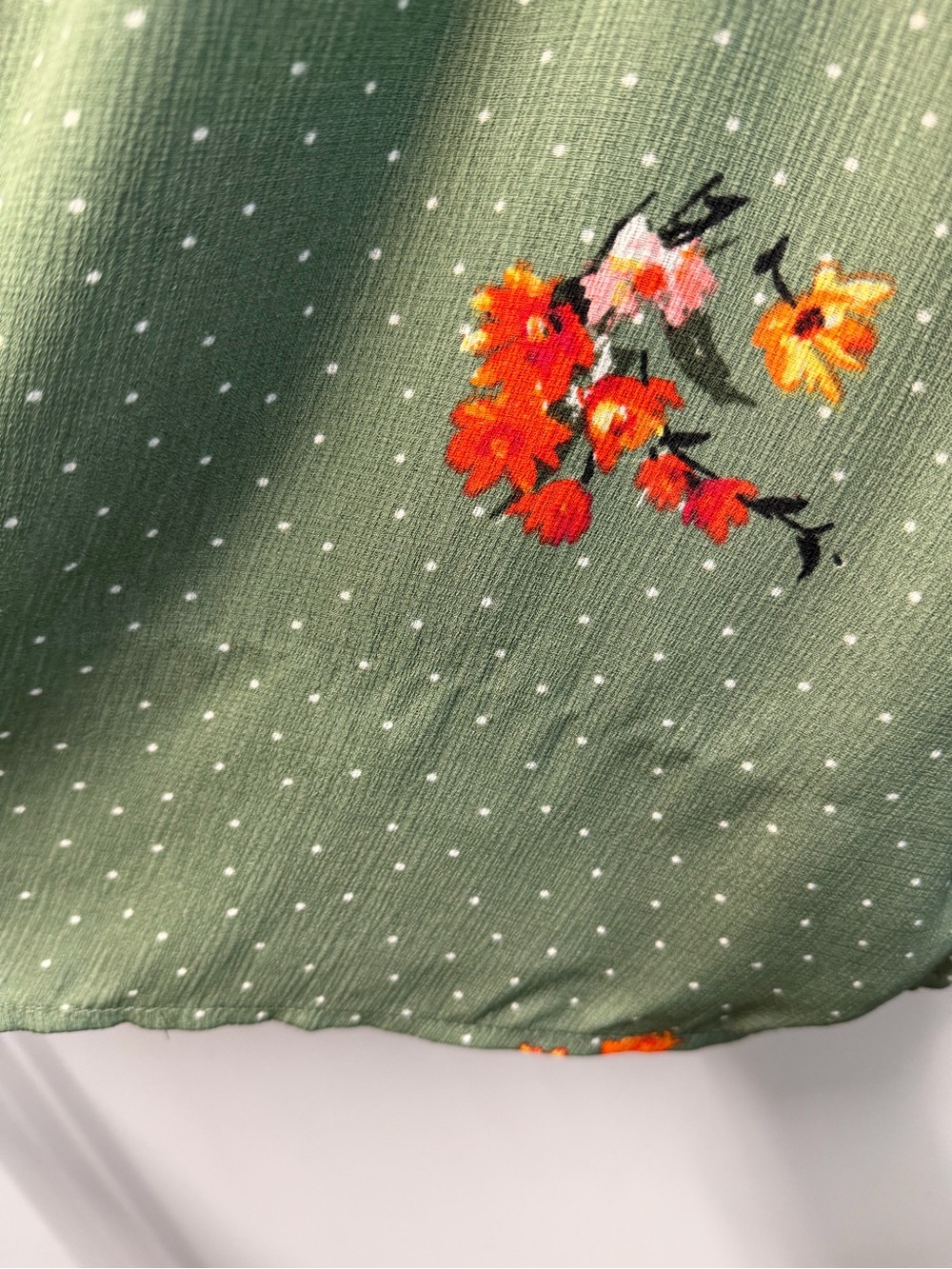 Olive Green Bright Floral Front Wrap Dress With White Polka Dots Size Medium - Picture 9 of 10